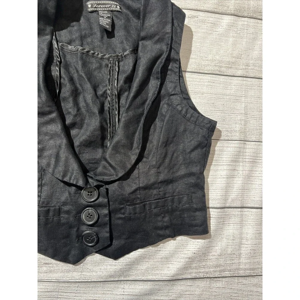 Vtg Forever 21 Y2K Deep V Vest Collared Crop Fitted Vest Black 100% Linen Sz M